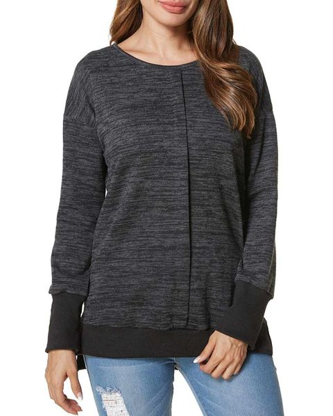 

2019 autumn casual loose split blouse shirts women patchwork solid long batwing sleeve round neck plus size pullover blusas, White