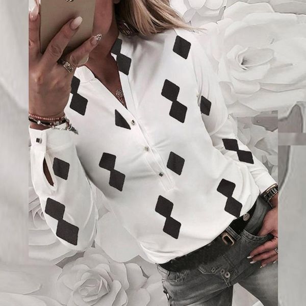 

fashion blouses womens casual geometric print long sleeve button blouse shirt for womens clothing blusa f3#, White
