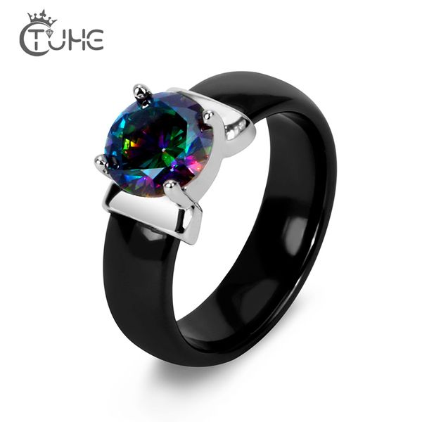 

rainbow fire mystic crystal zircon ring white black innocuous ceramic rings plus cz for women wedding ring engagement jewelry, Golden;silver