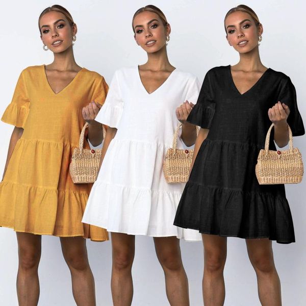 

2020 summer beachwear deep v necek short sleeve white ruffled a-line mini dress women dress sexy, Black;gray