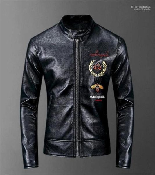 

mens bomber jackets autumn pu mens jackets slim embroidery printed stand collar long sleeve mens coats casual designger, Black