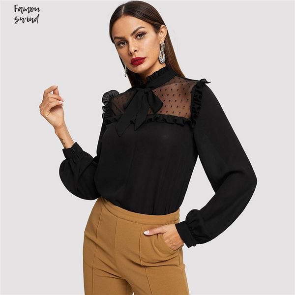 

elegant blouse women long sleeve tie neck dot mesh yoke ladies black shirt womens and blouses, White