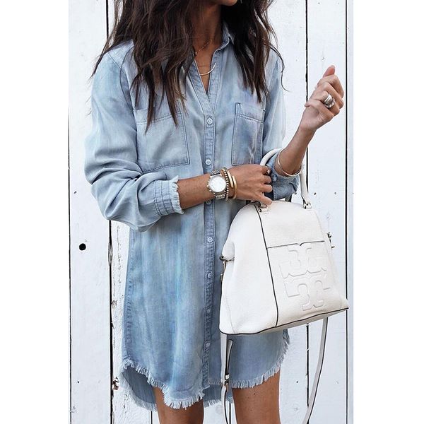 

Women Casual Denim Shirt Dress Ladies Long Sleeve Turn Down Collar Office Lady Dress 2019 Spring New Fashion Shirt