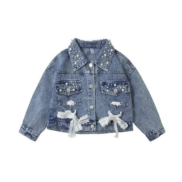 

new autumn baby girl pearl lace design denim jacket coat outdoor long sleeve outerwear clothes, Blue;gray