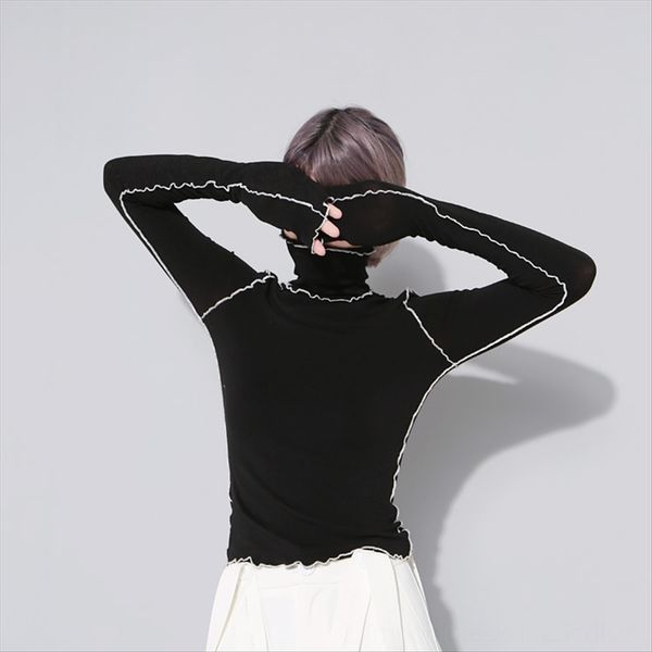 

2020 self-made personalized contrast color lace high collar t- lace super long sleeve slim short base shirt t-shirt 2 colors 329, White