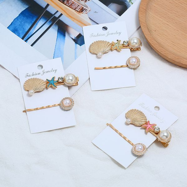 

women metal star shell conch starfish side hairclip pin barrette hair accessory folder clip duckbill clip hair accessories, Golden;white