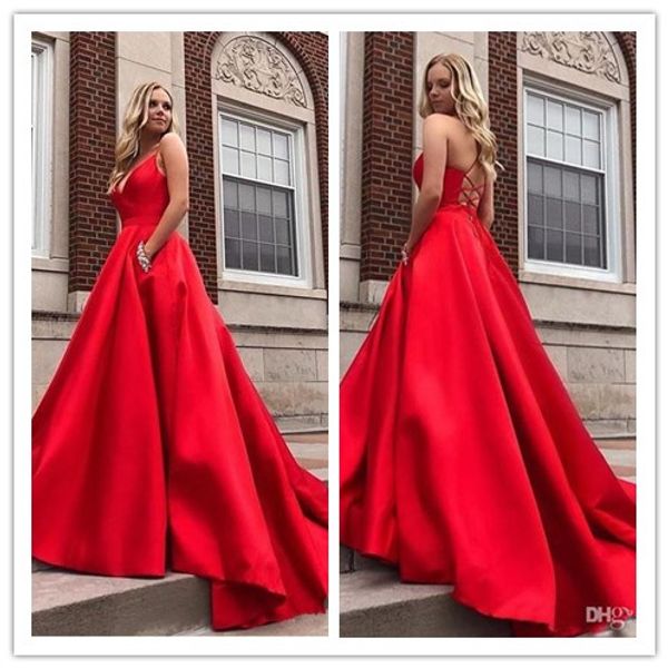 

simple red prom dress v-neck spaghetti straps a-line satin sweep train formal dress evening gowns wear ogstuff robe de soiree, Black;red