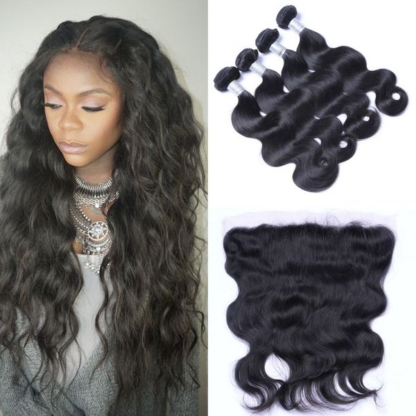 

cambodian virgin hair lace frontal with bundles body wave 4 bundles with frontal closure human hair extensions, Black;brown