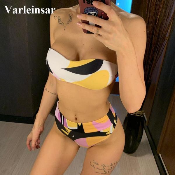 

printed high waist bikini 2020 swimsuit women swimwear two-pieces bikini set bandeau bather with bra cup bathing suit v1421