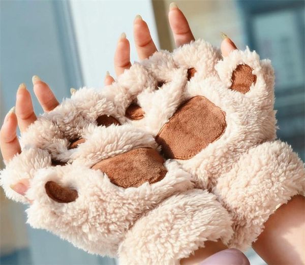

women girl children winter fingerless fluffy plush gloves mittens halloween christmas stage prop cosplay cat bear paw claw glove party, Blue;gray