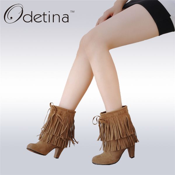 

odetina 2018 new spring autumn faux suede fringe ankle boots tassels slip on high heel booties women pointed toe big size 34-47, Black