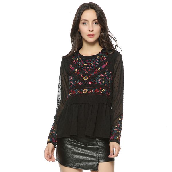 

женщины блуза женская одежда женщины vintage цветочные вышивки гофрированные рубашки прозрачный sexy dots с длинным рукавом блузка повседнев, White