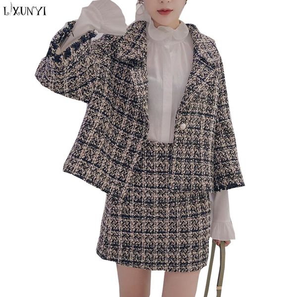 

lxunyi autumn winter ladies tweed skirt suits women fashion sweet long sleeve woolen jacket + mini skirt set 2 piece, Gray