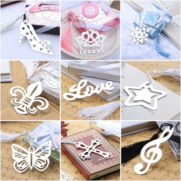 Metall-Lesezeichen mit Quaste, Buchmarker, Hochzeits-Souvenirs, Babyparty-Partygeschenke, mit Geschenkbox, Verpackung, 23 Designs