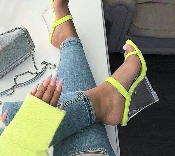 

women slipper wedge clear heels crystal slope fluorescent high-heeled sandals woman sandals summer, Black
