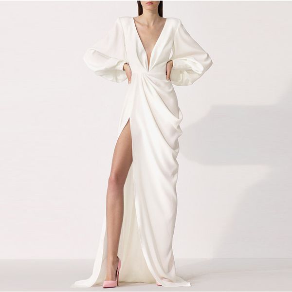 

sexy robe de soiree с длинным рукавом мусульманское глубокий v-образным вырезом атласные вечерние платья платье de festa zipper белый гофрир, Black;red