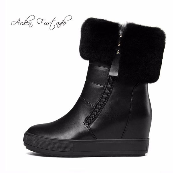 

arden furtado 2018 new wedges flat platform white plush warm fur snow boots for winter woman shoes zipper fashion ankle boots, Black