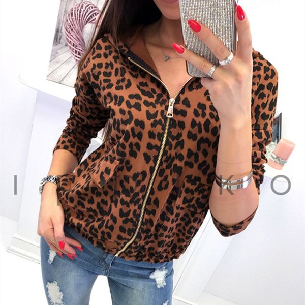 

women jacket fashion ladies retro leopard print zipper up bomber jacket casual coat autumn spring outwear women clothes, Black;brown
