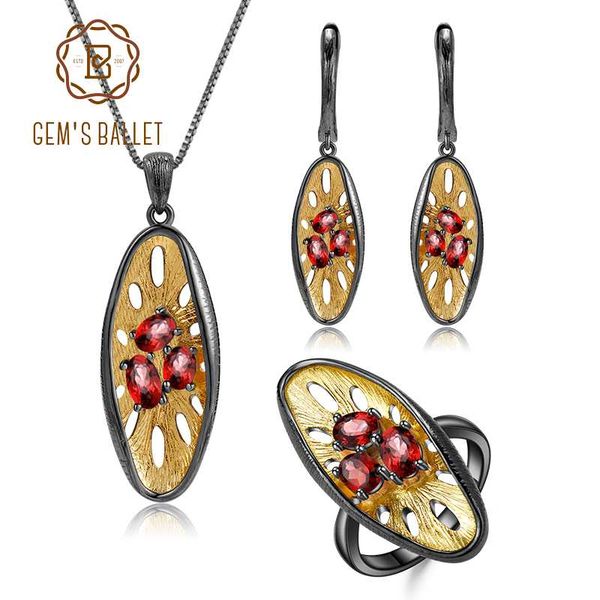 

gem's ballet natural garnet 925 sterling silver lrregular hollowing out ring earrings pendant sets handmade set women jewelry, Black