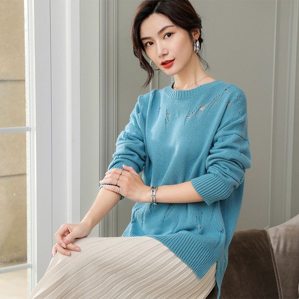 

alkmene openwork knitted cashmere sweater female 2019 autumn and winter women loose fashion party round neck pullover, White;black