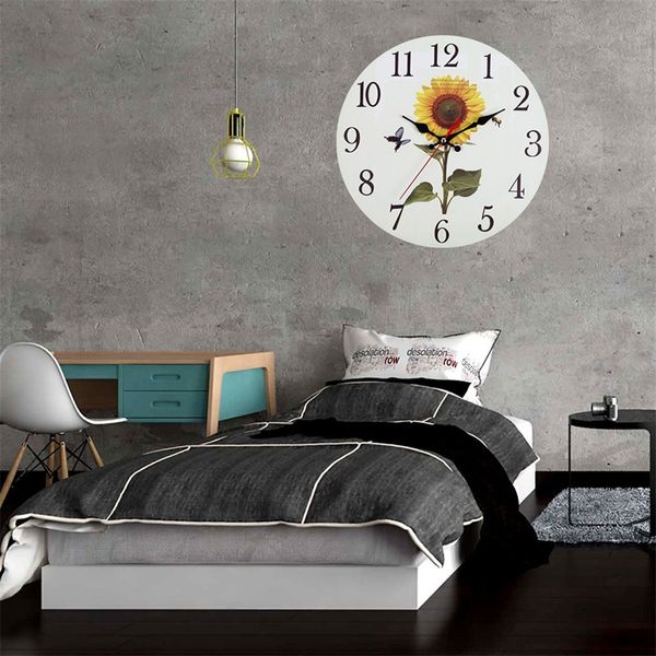 

dropshipping round wall clock vintage sunflower living room bedroom arabic numerals chic style wooden round home decor