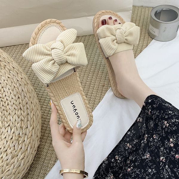 

butterfly-knot shoes woman's slippers slides fashion shale female beach 2020 sabot flat fabric basic pu cotton, Black