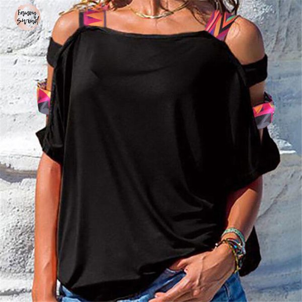 

горячая продажа тенниска голое плечо сыпучие boho холодного плеча мундир новая тенниска чистый цвет с коротким рукавом майки топы, White