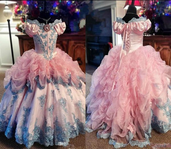 

pink flower girls dresses off shoulder short sleeve ball gown ruffles baby girl birthday party pageant dresses girl' pageant gowns, White;blue