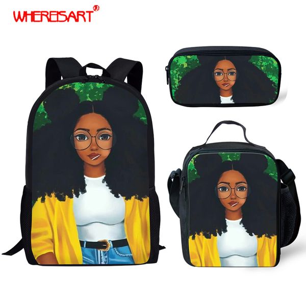 

whereisart 3pcs/set school bag set girl backpack custom african black girl schoolbags for teenage girls back to school mochila