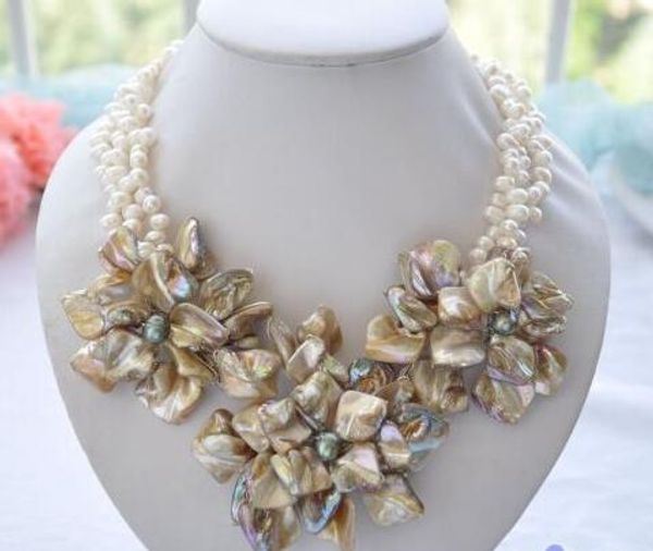 

wholesale handmade 3row 18" white rice pearl shell knitting flower necklace, Silver