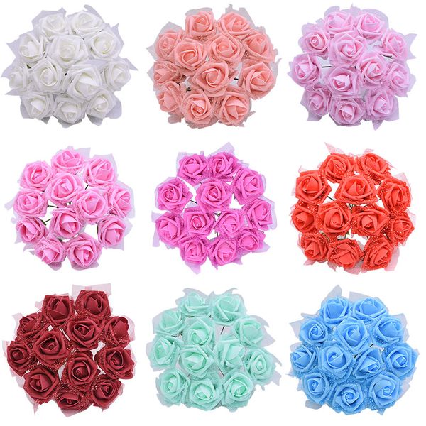 

20pc 7cm artificial flower bouquet pe foam rose with tulle fake flowers diy home wedding decoration wreath valentine's day gift