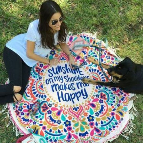 

2020 round sunshine on my shoulder mades me happy beach tassel tapestry towel summer swimming sunbath beach towels yoga mat cca9857 20pcs