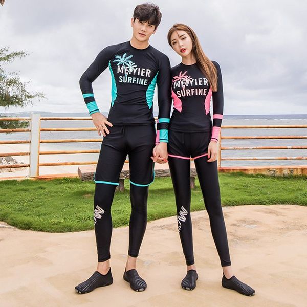 

summer fashion korean couples rash swimwear man woman matching uv swimsuit 3 pieces surf swim bath suit longsleeve -3xl, White;black