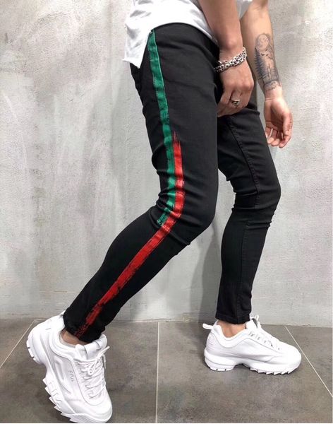 

side striped jeans men fashion skinny washed black denim pants in full length spring autumn design trousers, Blue