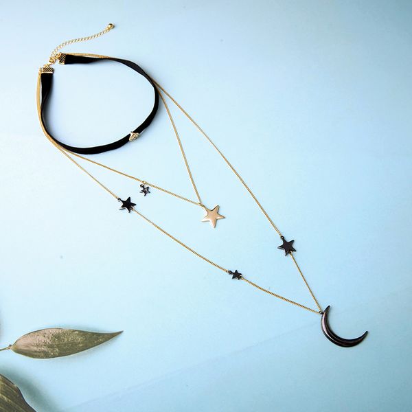 

trendy women multi-layer velvet strip necklace enamel star&moon pendant necklace for women fashion jewelry gift accessories, Silver