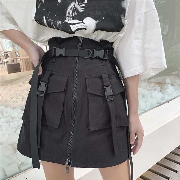 

harajuku gothic a-line zipper ladies summer women pockets bodycon solid short female sashes mini vintage cargo skirts, Black