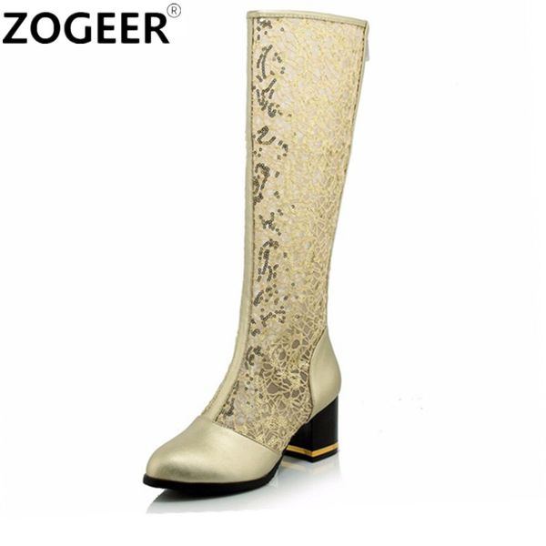 

big size 43 cut-out lace knee high boots women summer boots fashion low heels gold white black gladiator ladies shoes