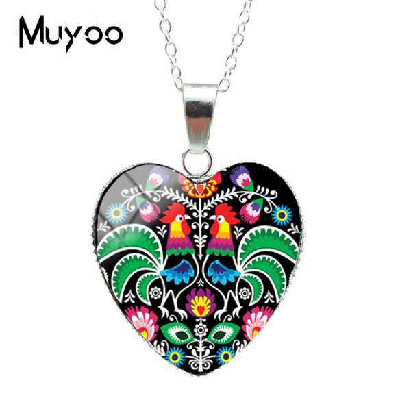 

new new fashion style polish folk art pattern heart pendants polish folk art design jewelry heart chains necklace hz3, Silver