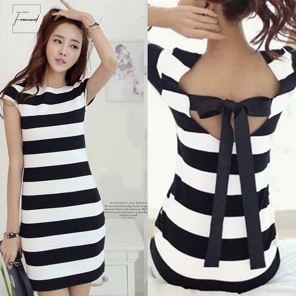 

plus size women dress mini bow backless short sleeve striped summer dress korean bandage casual dress designer clothes, Black;gray