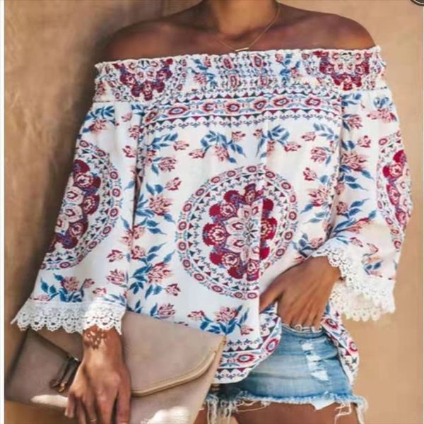 

2019 women's one-line collar printing loose women 2019 women's one-line collar printing digital t-shirt digital loose t-shirt wome, White