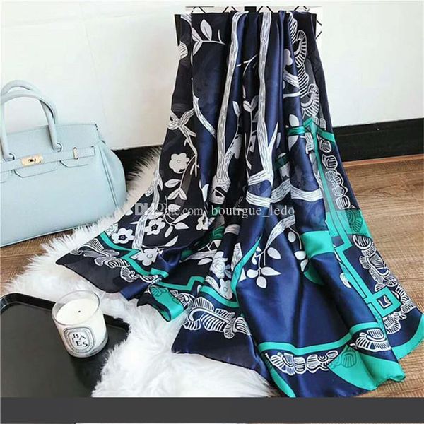 

новый шарф для весны и лета 2019 года, парижский модельер seine tree flower series 180*90 pure silk scarf, Blue;gray
