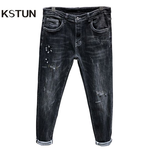 

kstun mens ripped jeans skinny black gray spring autumn stretch denim pants men patched embroidered letters hip hop streetwear, Blue