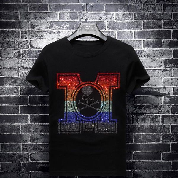 

2019 skull стразы мужчина футболка с коротким рукавом мода тонкой одежды streetwear o шеи модального хлопок tshirts calaveras camiseta, White;black