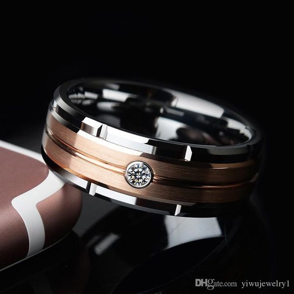 

8mm men's fashion tungsten steel groove ring inter-rose gold zircon wedding band engagement jewelry for men size 6- 13, Silver