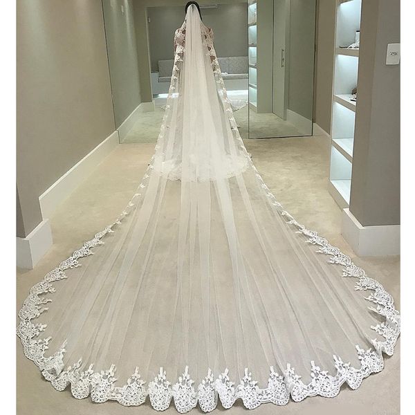 

chapel 3-5m long veil for bride ivory white lace trim edge with comb one tier wedding veils tulle appliques, Black