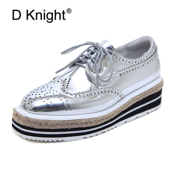 

patent leather women platform oxfords brogue flats shoes lace up square toe brand female footwear shoe for women creepers silver, Black