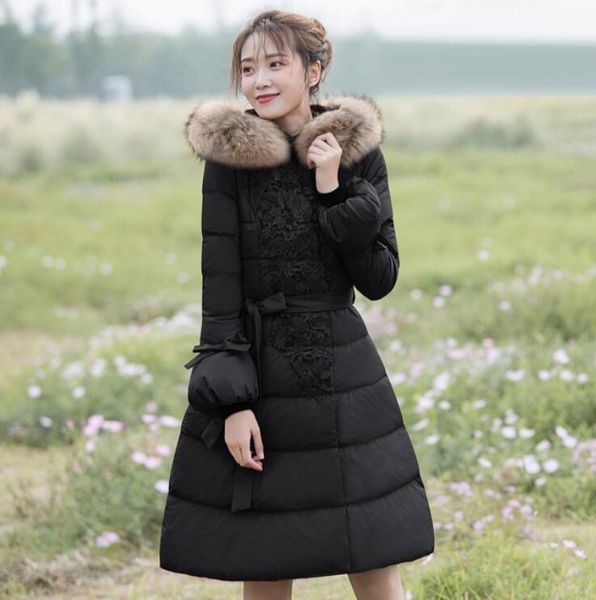 

2019 new s-3xl women's duck down parka ladies temperament real fur collar thick plush warm coat long overcoat hooded coats, Black