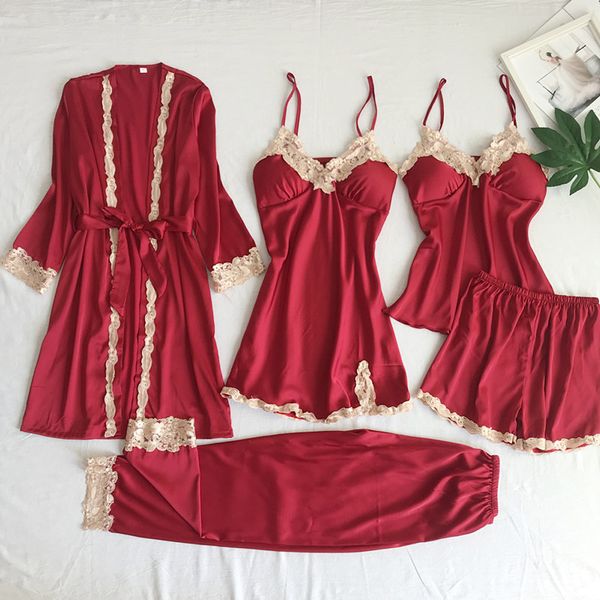 

women satin sleepwear 5 pieces lace pajamas sleep lounge pijama silk hollow out nightwear pajama suit sling nightdress, Black;red