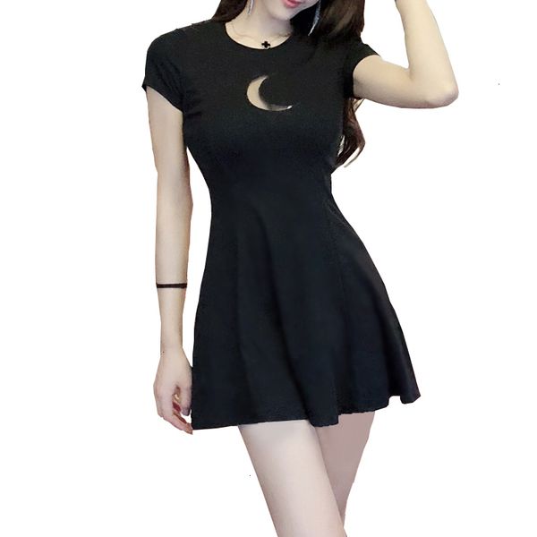 

women summer clothes womens clothing womens chest dress summer moon hollow out design round neck short sleeved mini gothic dress, Black;gray