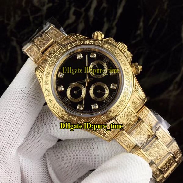 

4 style 18k yellow gold retro full engraving 116503 black dial automatic mens watch carved steel bracelet new gents watches, Slivery;brown